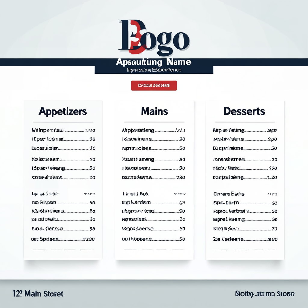 A restaurant menu layout with a logo header, three category 