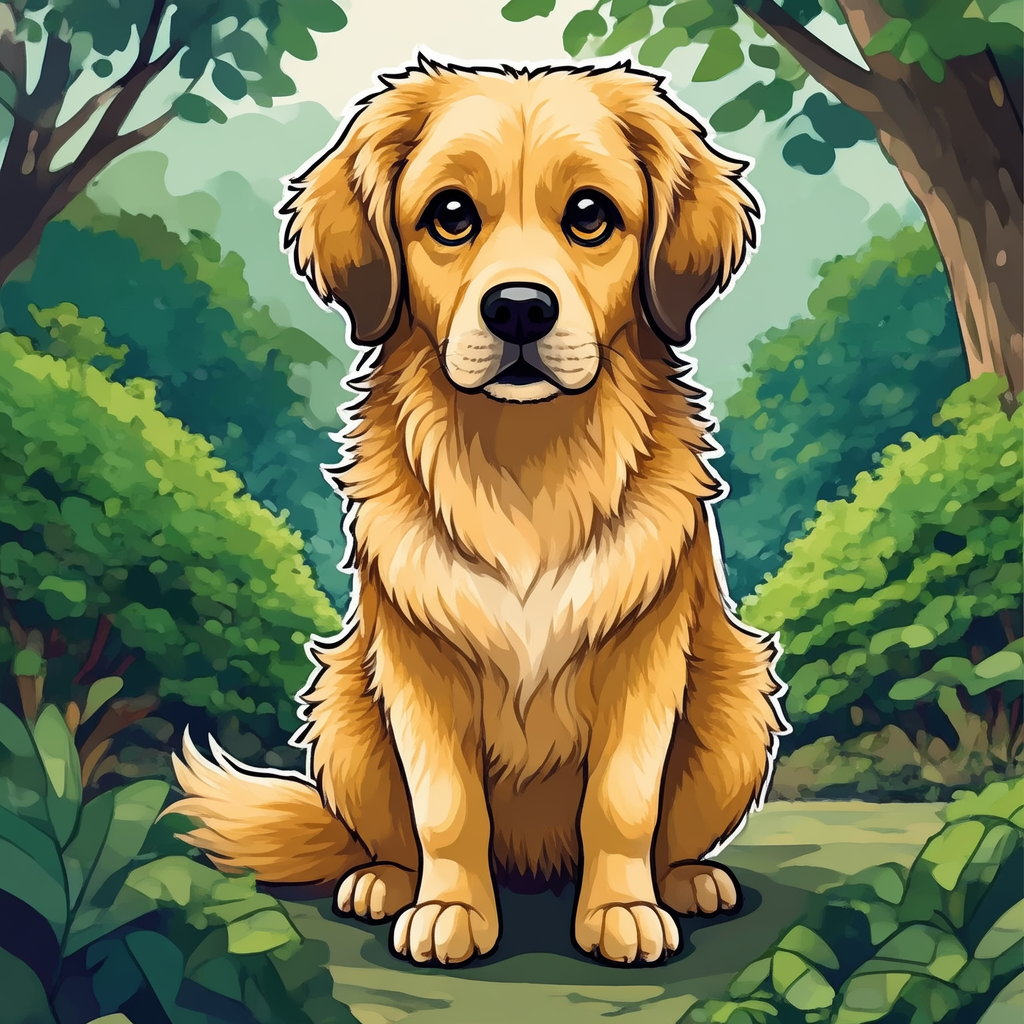A golden retriever sitting in a garden, rendered in Japanese