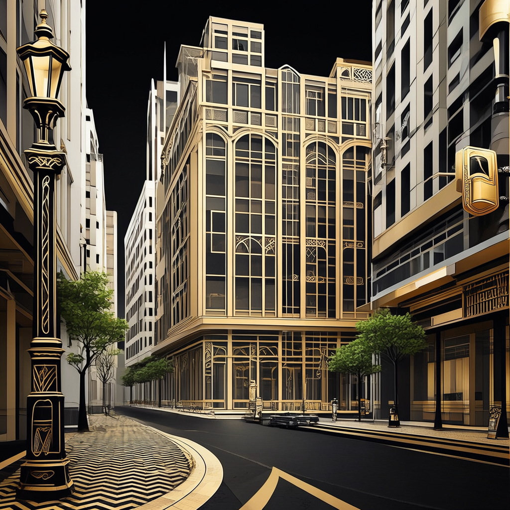 A city street scene in the style of Art Deco — geometric sha