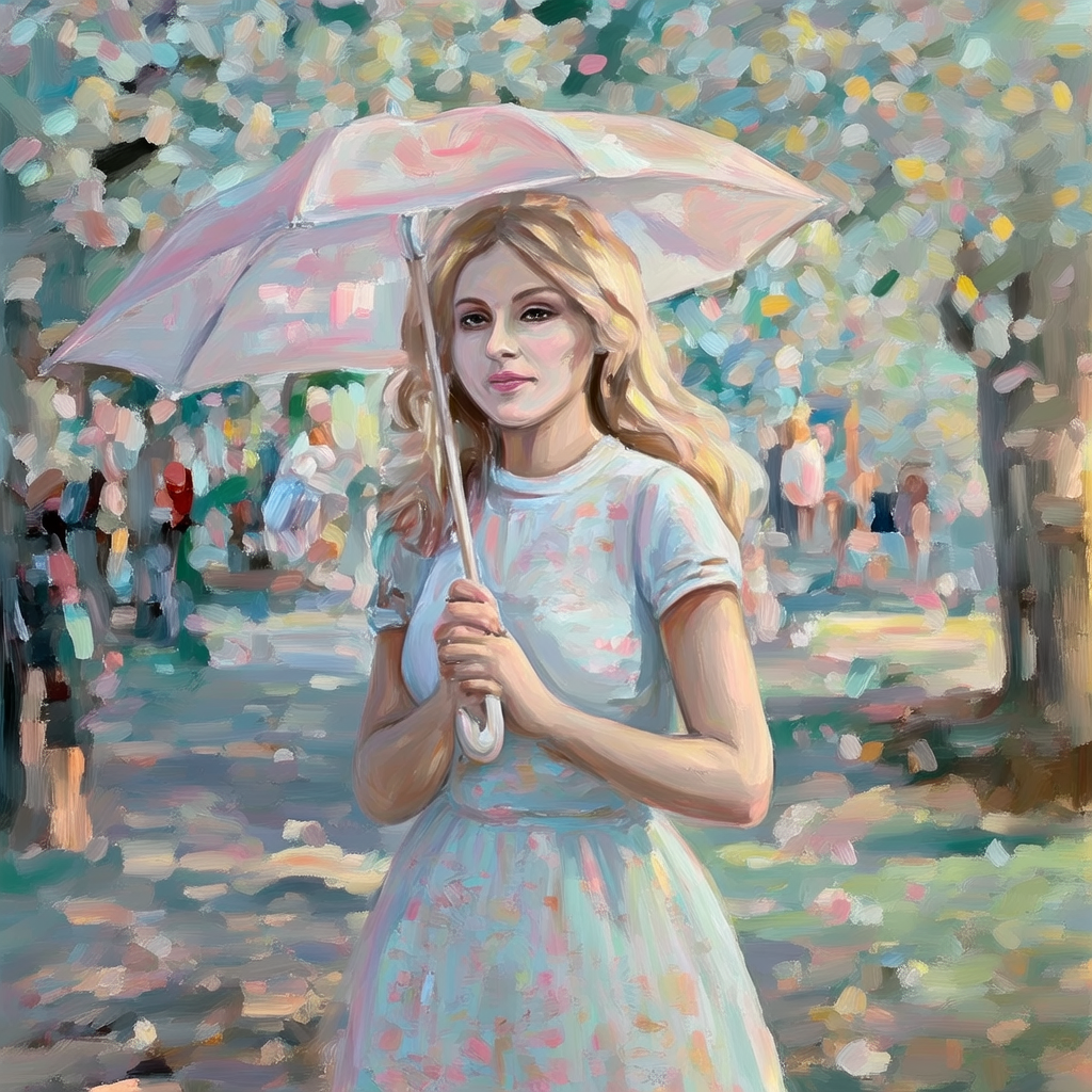 A woman with a parasol in the style of Impressionism — soft 