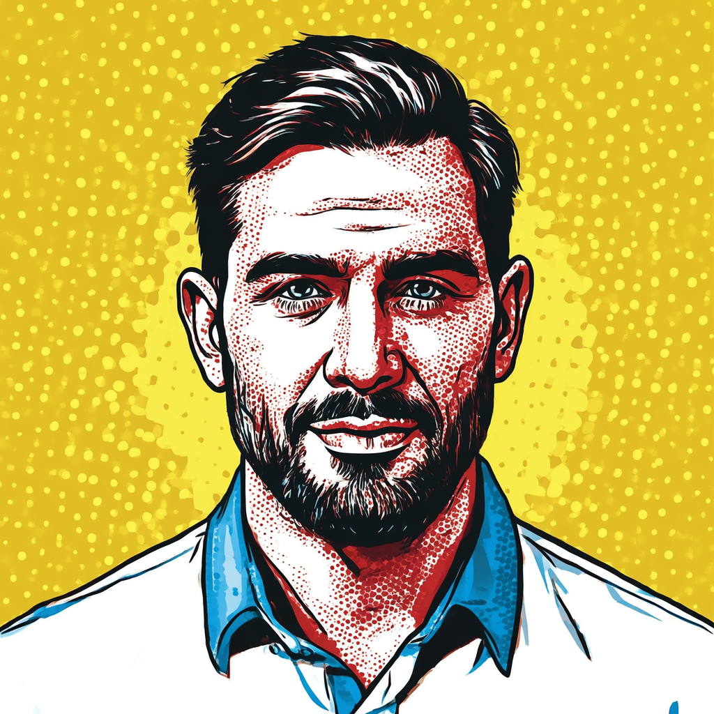 A portrait of a man in Pop Art style — bold outlines, Ben-Da