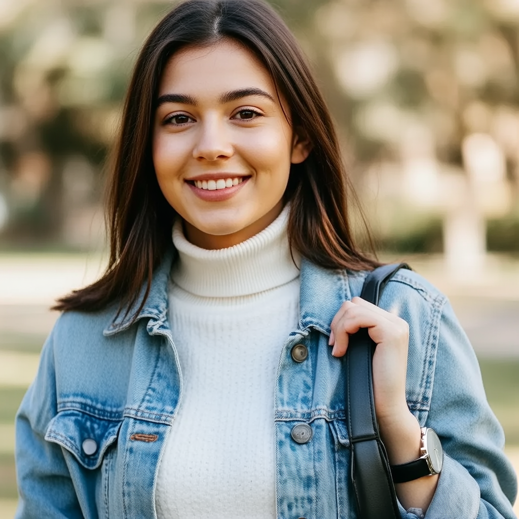 A close-up portrait of a young woman with a warm natural smi