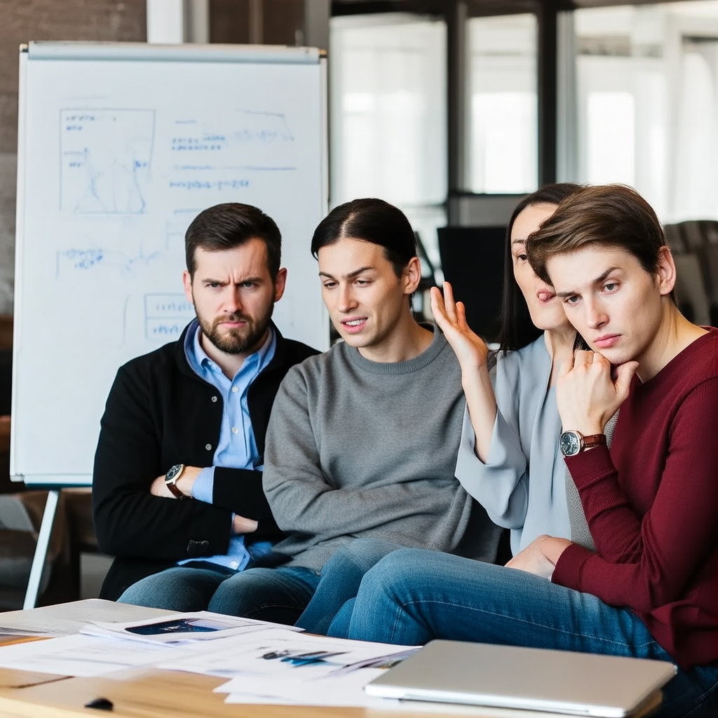 Three coworkers in a meeting: one looking frustrated with fu