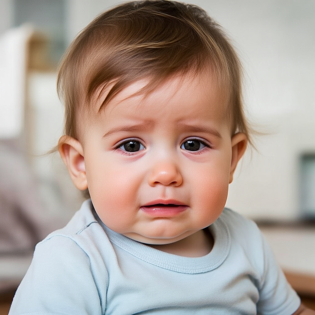 A 5-year-old child with round cheeks and large eyes, crying 