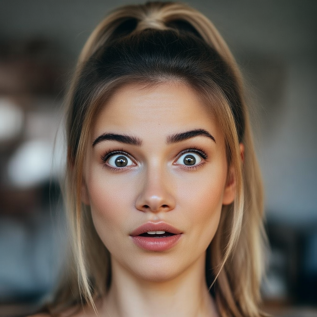 A portrait capturing genuine surprise — raised eyebrows, wid