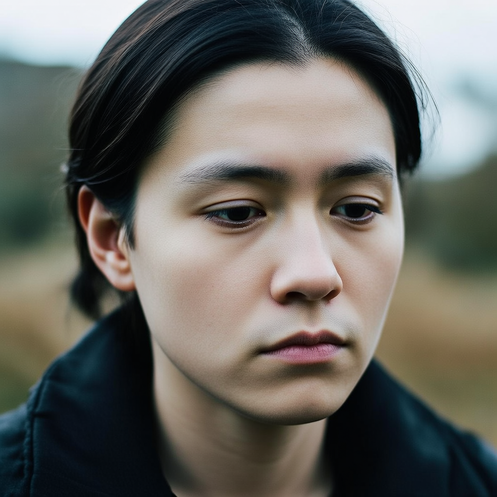 A face showing quiet melancholy — downcast eyes, slightly dr