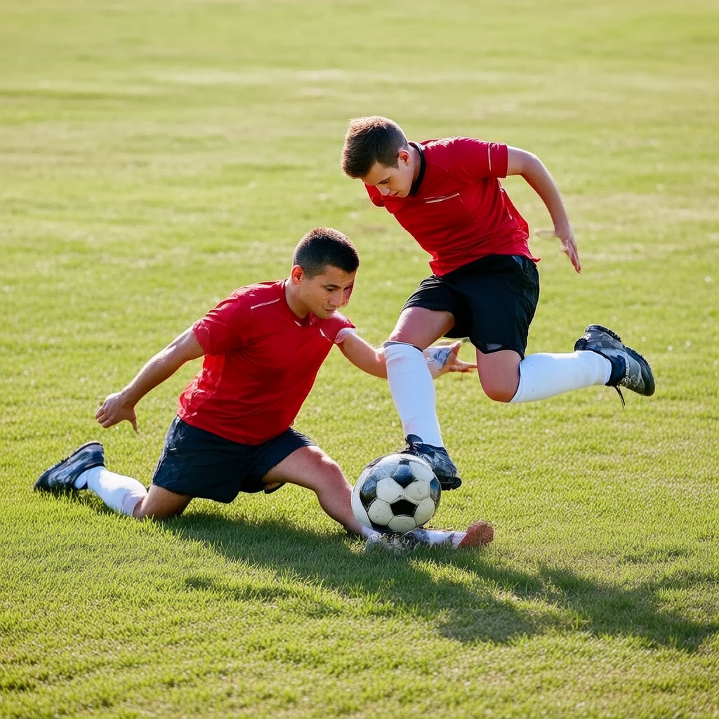 Two soccer players mid-tackle, one sliding and the other jum