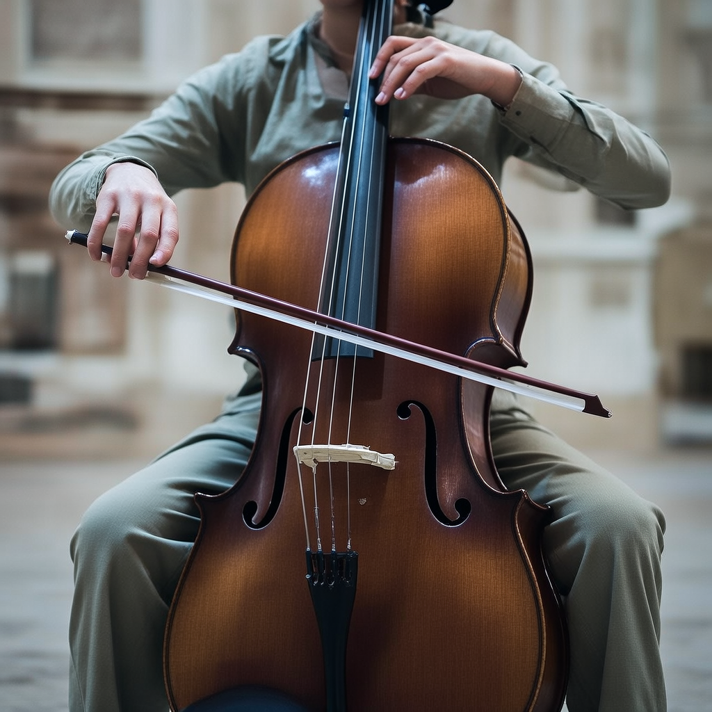 A cellist seated with correct posture, legs around the instr