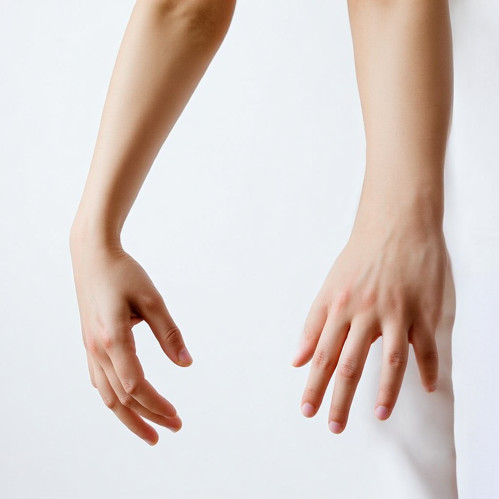A person standing with both hands visible at their sides, fi