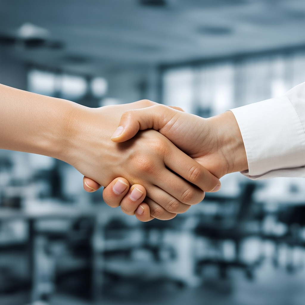 Two people shaking hands in a professional setting, all fing