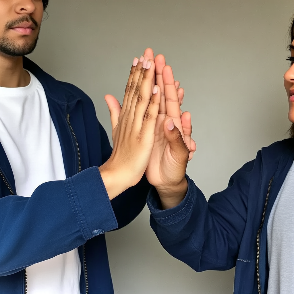 Two people doing a high-five, palms meeting with all fingers