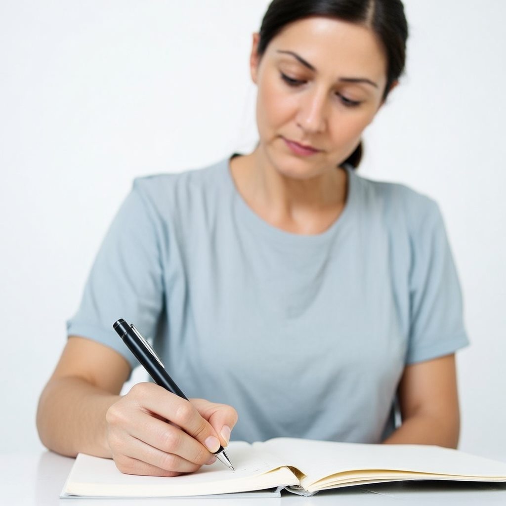 A woman writing in a notebook with a pen gripped correctly i