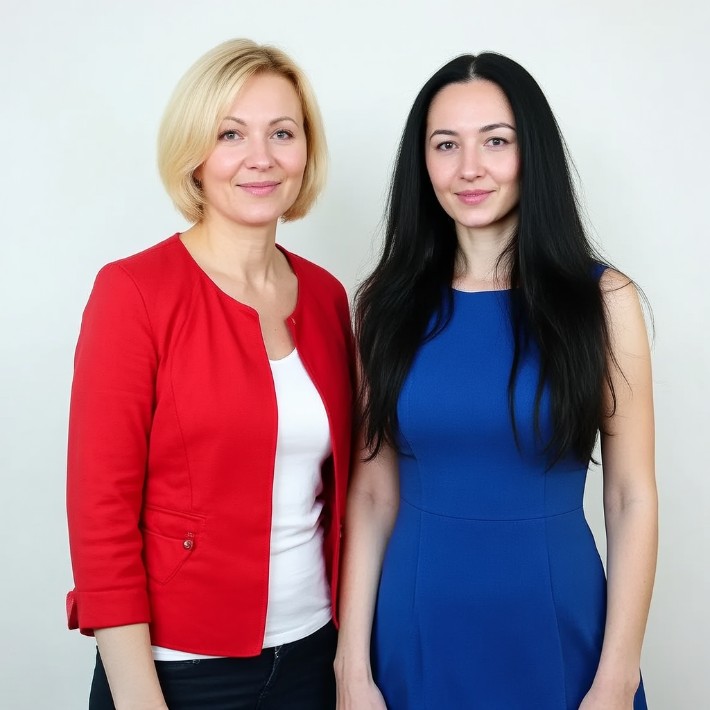 Two women standing side by side: one with short blonde hair 
