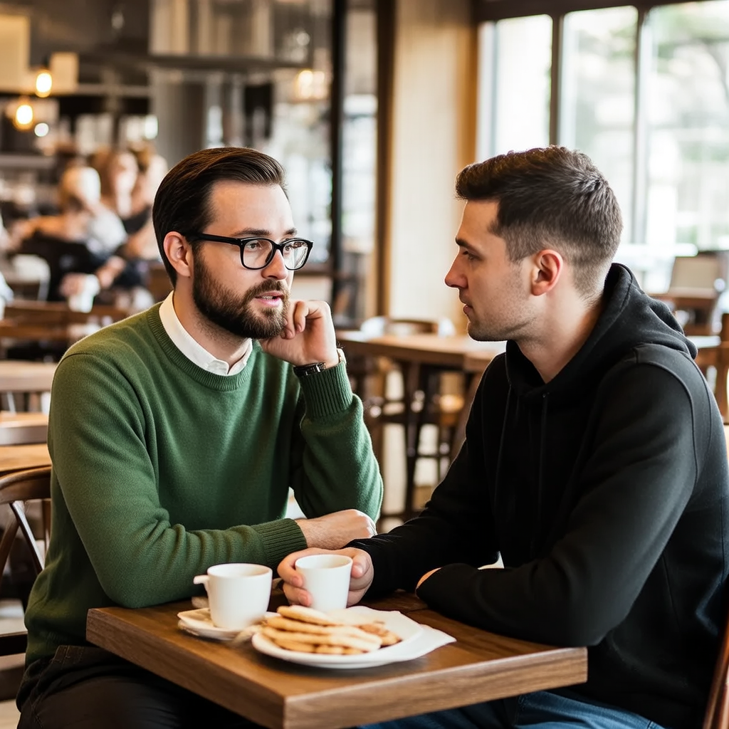 Two men at a cafe: one with a beard and glasses wearing a gr