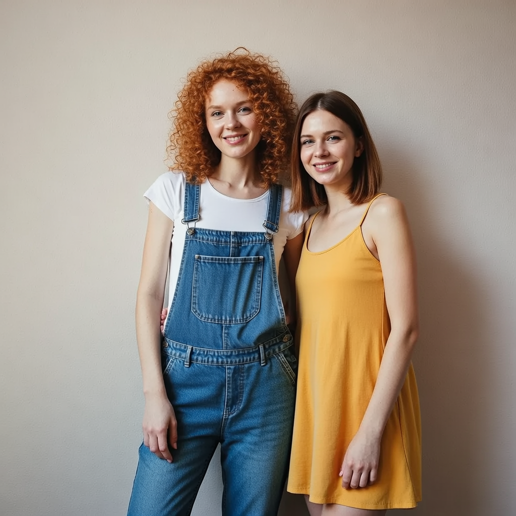 Two friends posing: one tall with curly red hair in denim ov