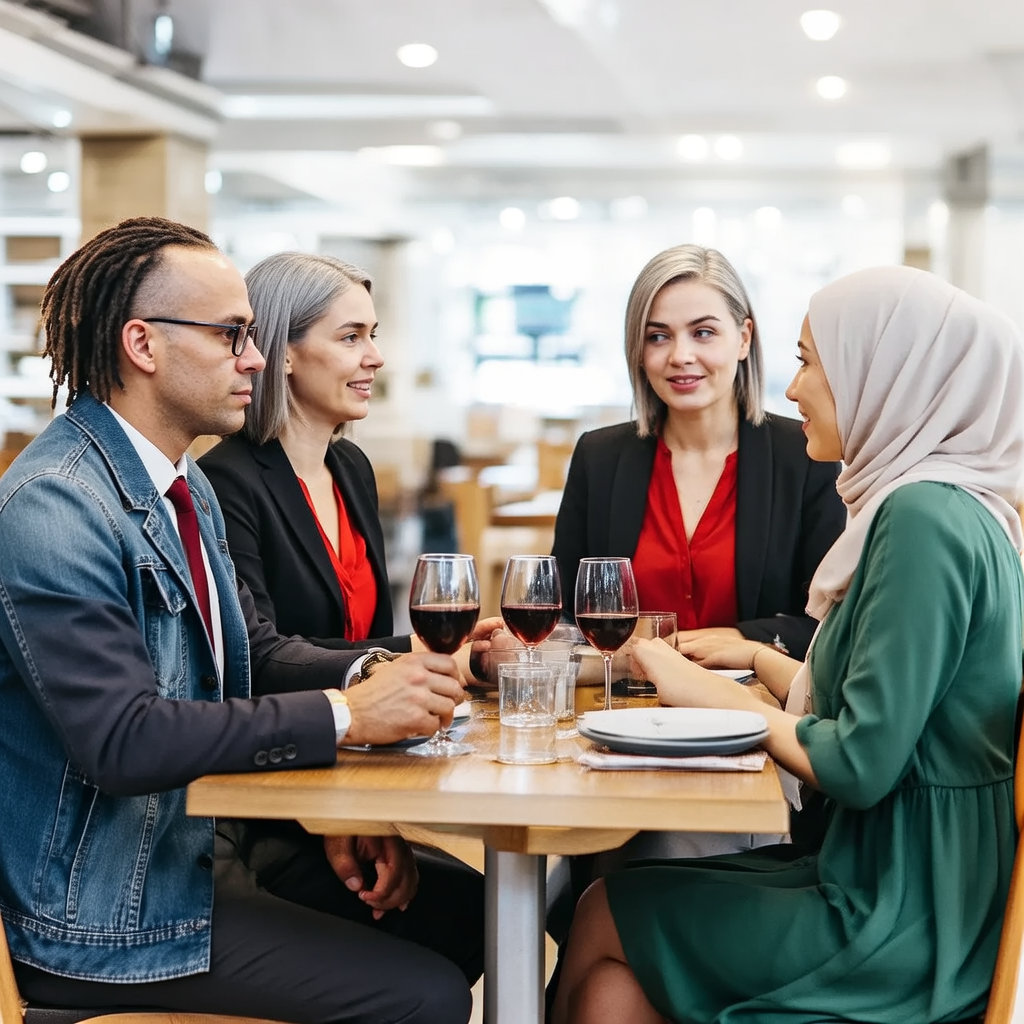 Four people at a dinner table: a bald man in a suit, a woman