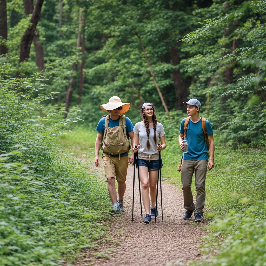 Three hikers on a trail: a man with a backpack and sunhat, a