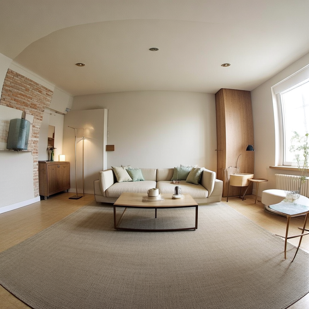 A wide-angle shot of a modern living room interior showing e