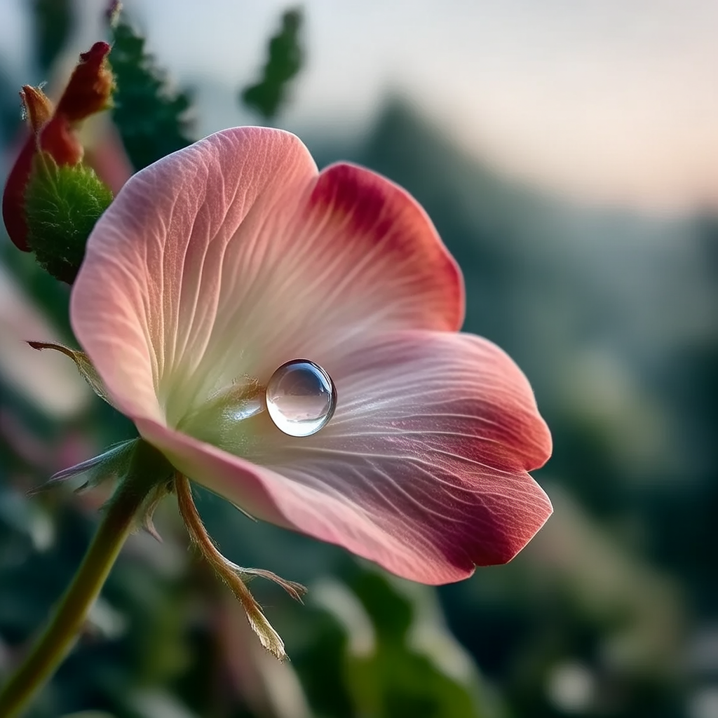 A close-up macro shot of a single dewdrop on a rose petal, s