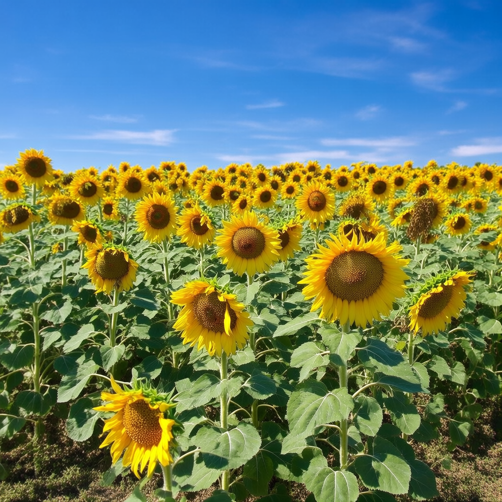 A field of pure sunflower yellow flowers under a clear blue 