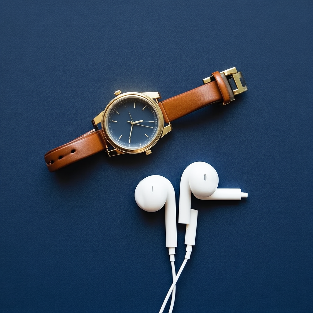 A product flat-lay on a #1A1A2E (deep dark blue) background,