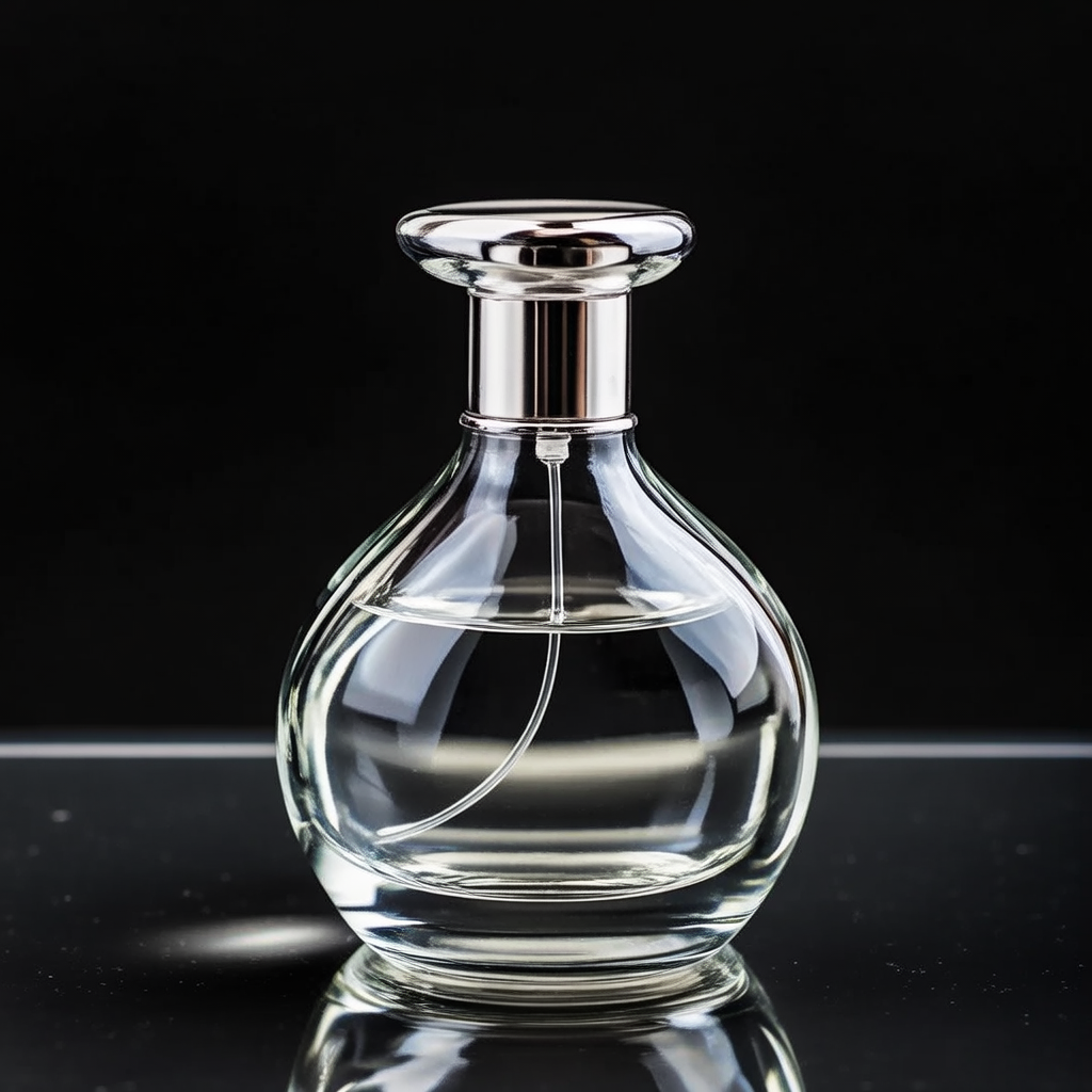 A clear glass perfume bottle on a reflective black surface w