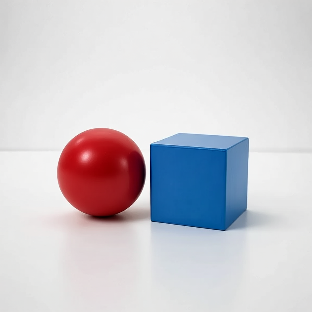 A red ball and a blue cube sitting side by side on a white s
