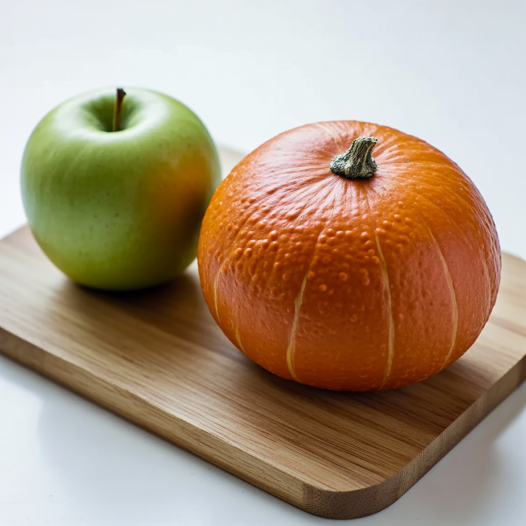 A green apple and an orange pumpkin on a wooden cutting boar