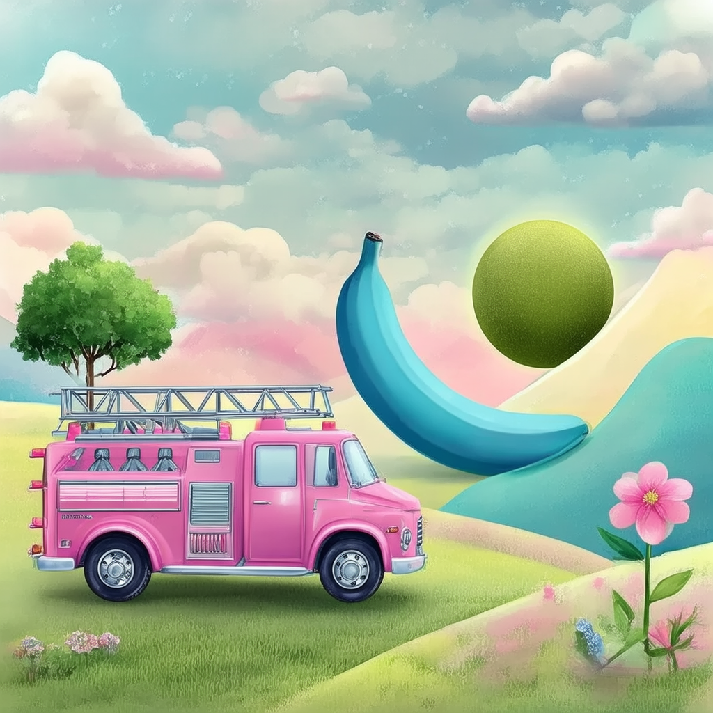 A pink fire truck, a blue banana, and a green sun in a surre