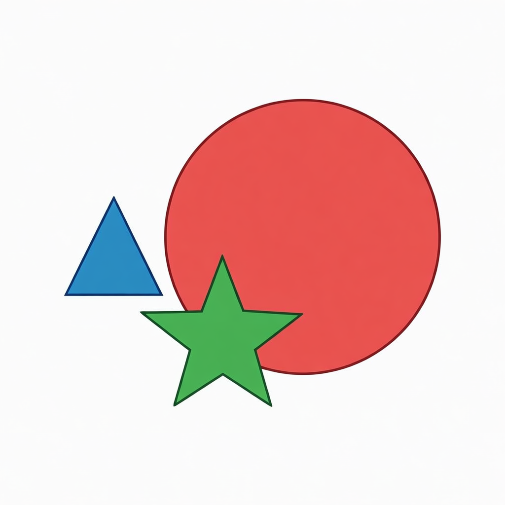 A large red circle, a small blue triangle, and a medium gree