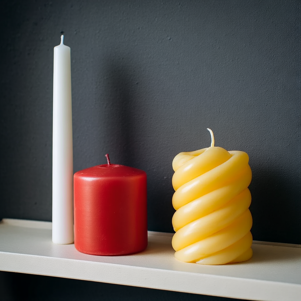 A tall thin white candle, a short fat red candle, and a medi