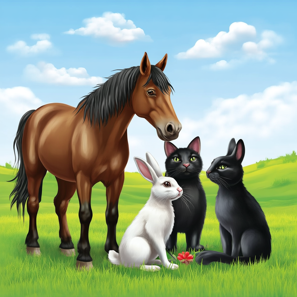 A big brown horse, a small white rabbit, and a medium-sized 
