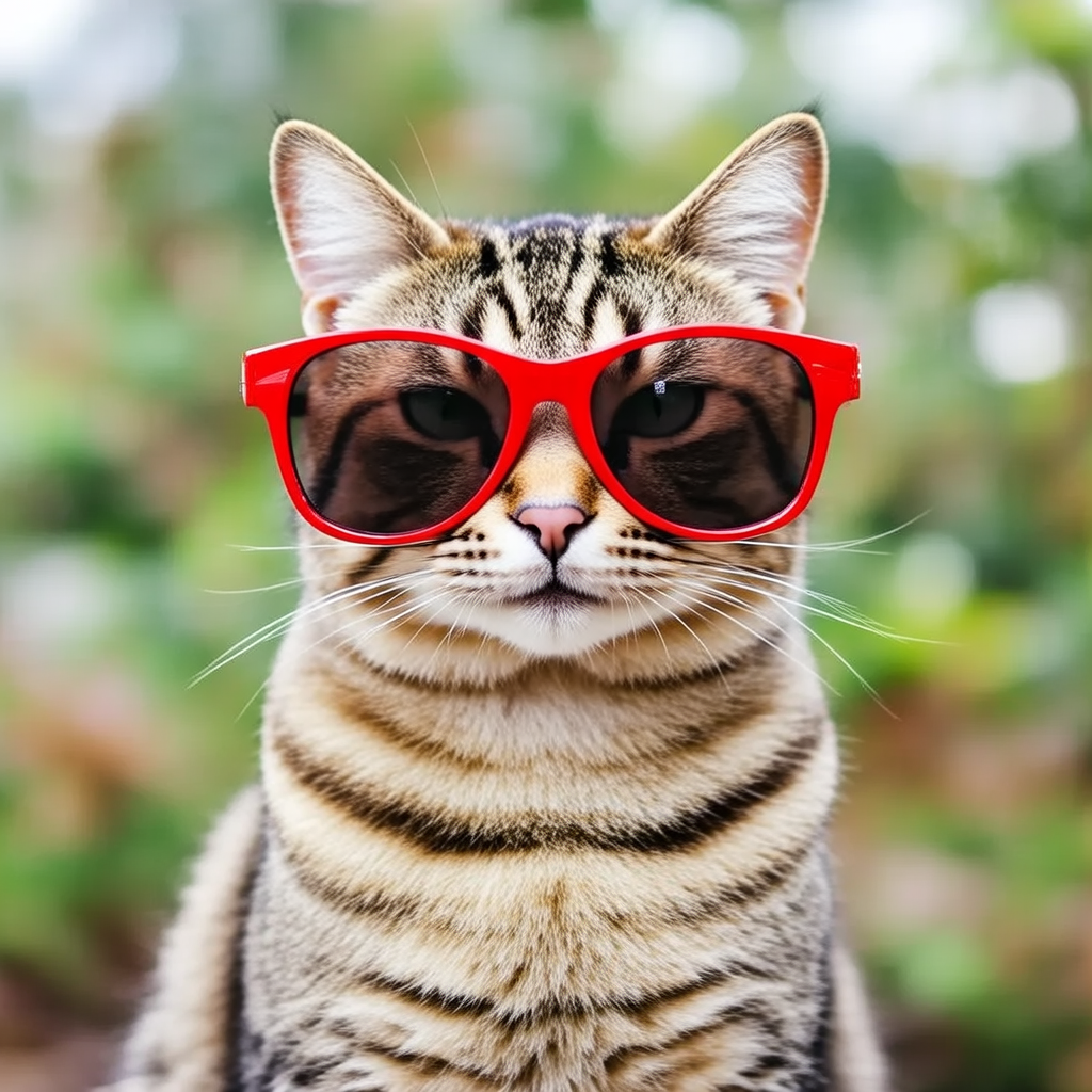 A tabby cat wearing oversized red sunglasses