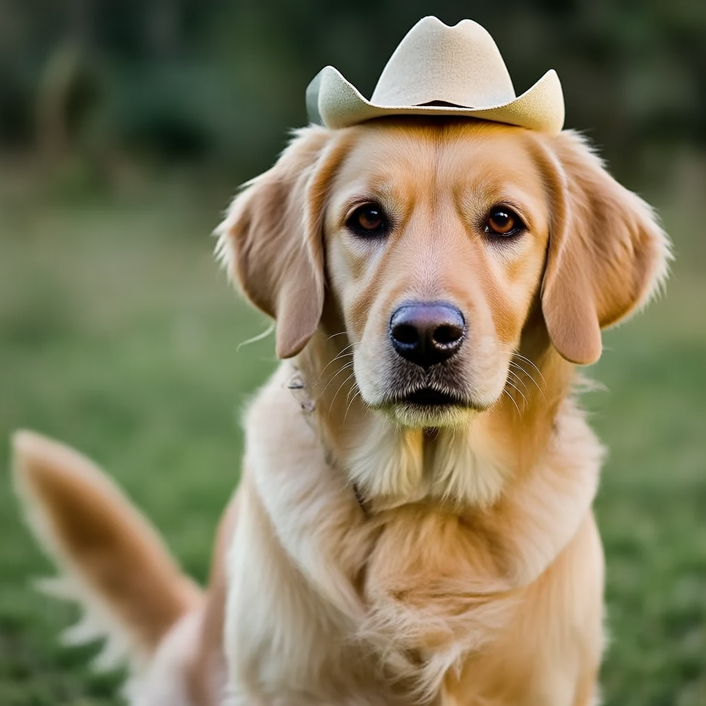 A golden retriever wearing a tiny cowboy hat