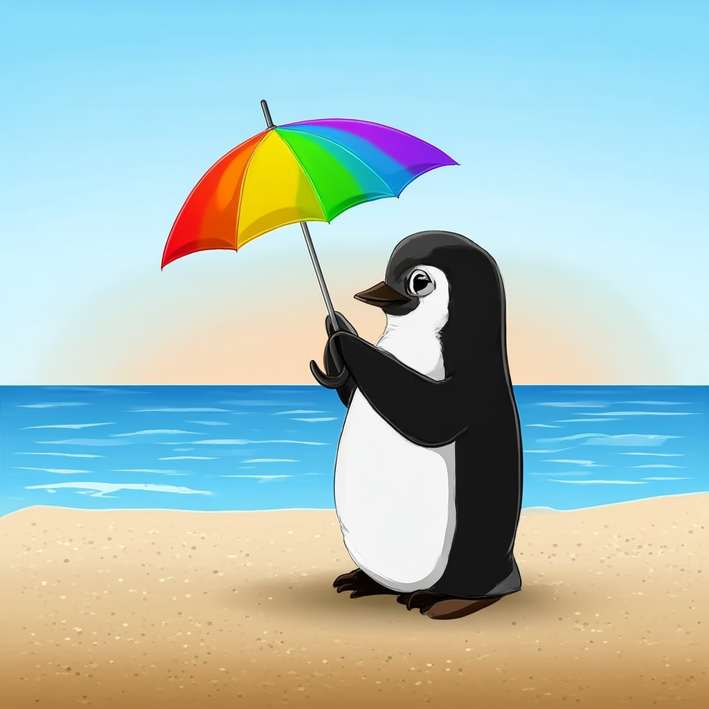 A penguin holding a colorful umbrella