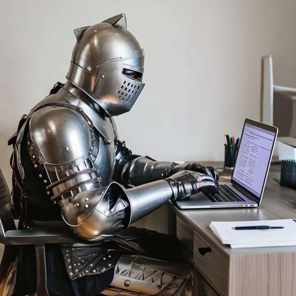 A medieval knight in full armor sitting at a desk typing on 