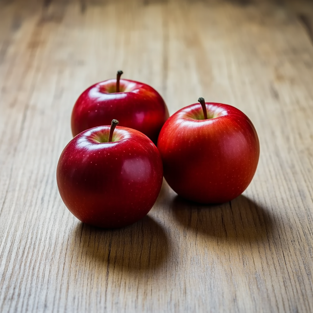 Exactly 3 red apples arranged on a wooden table