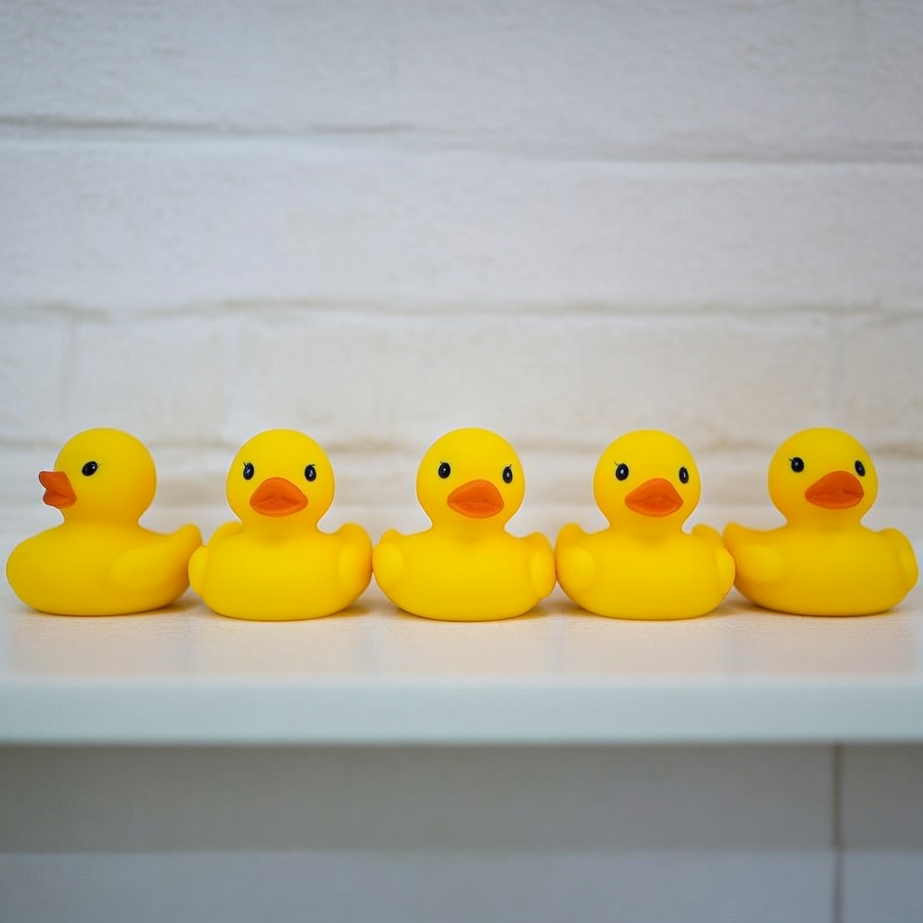 Exactly 5 yellow rubber ducks sitting in a row on a bathroom