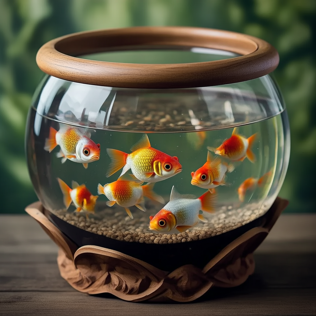 Exactly 9 goldfish swimming in a large round fishbowl