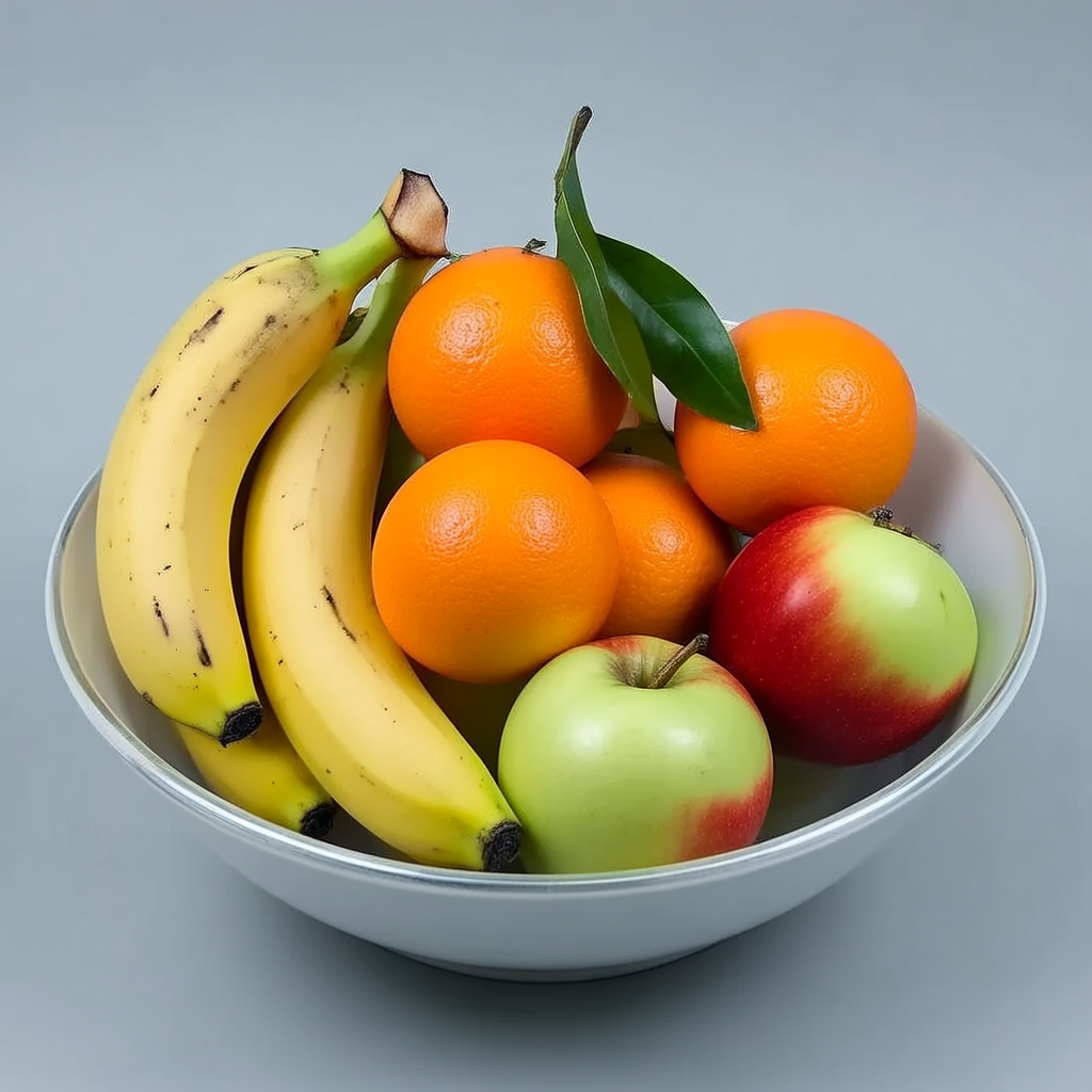 A fruit bowl containing exactly 3 bananas, 4 oranges, and 2 