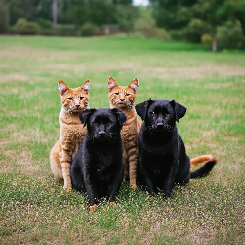 2 orange cats and 3 black dogs sitting together on a grassy 