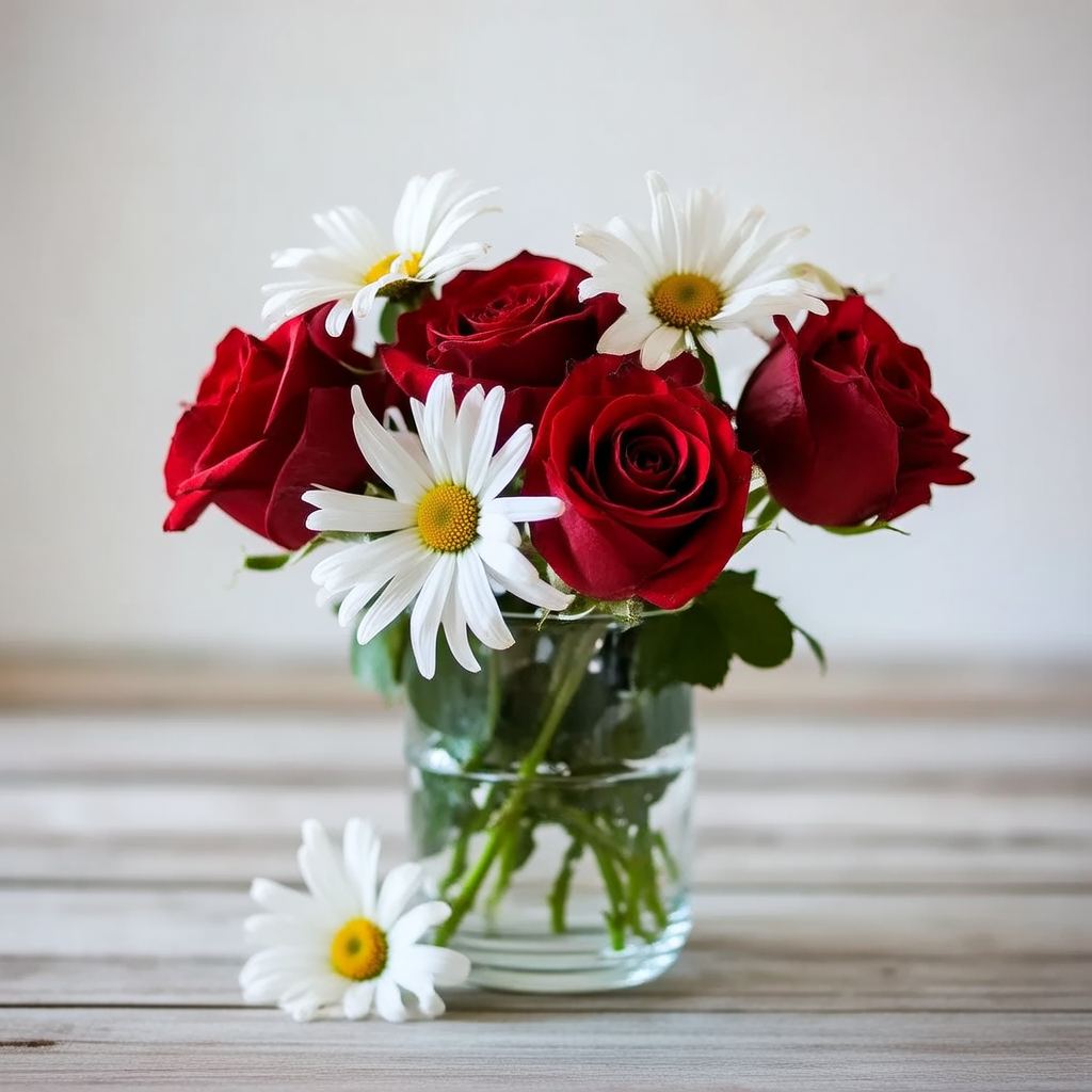 4 red roses and 2 white daisies in a glass vase on a table