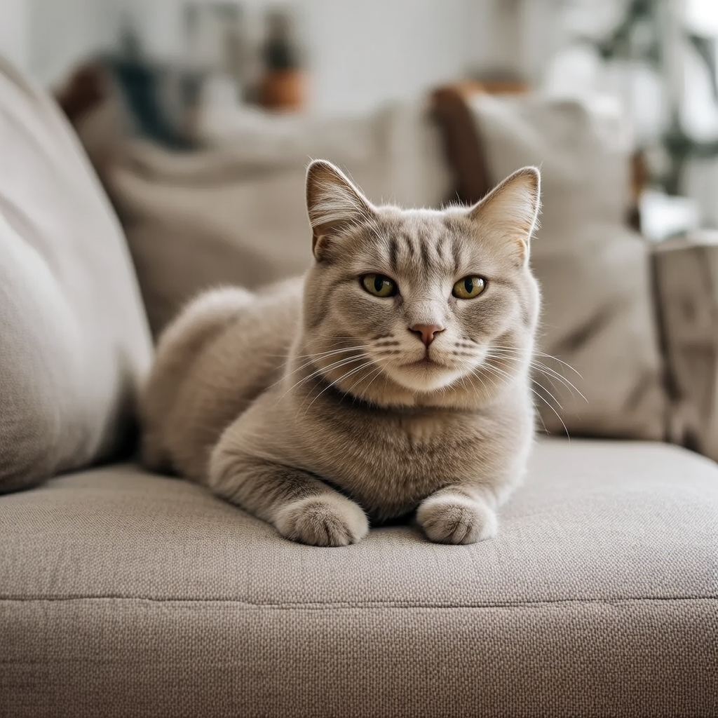 A cat lying on a couch without a collar