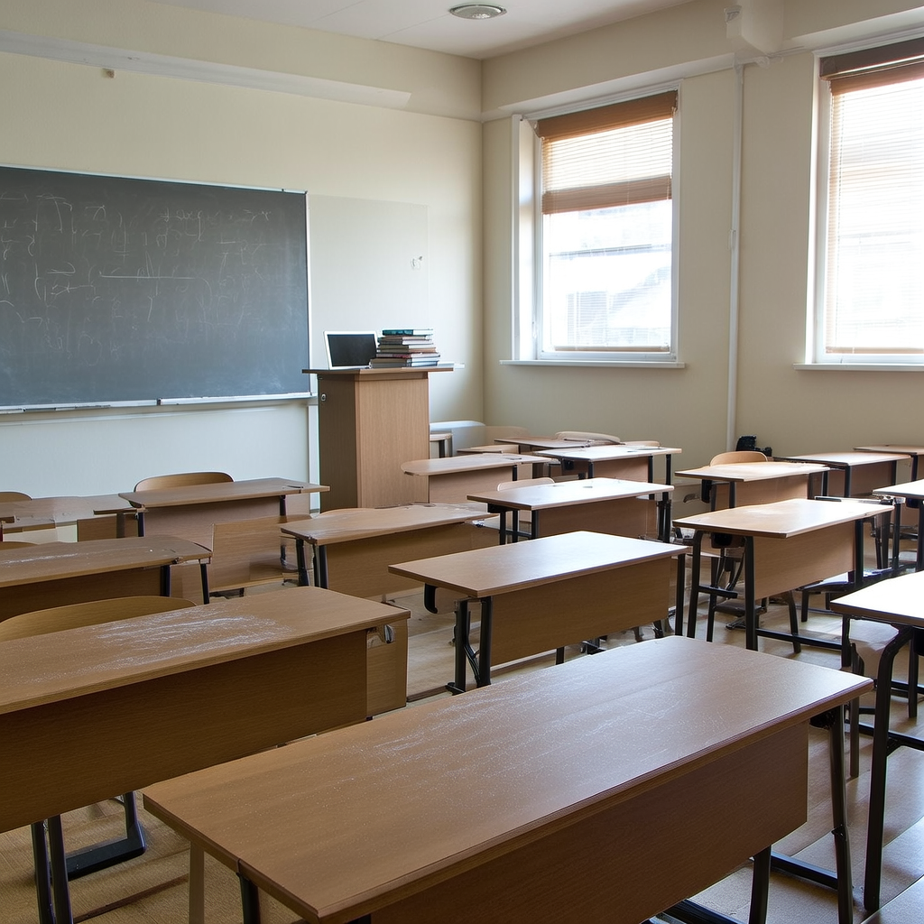 A classroom with desks and a chalkboard but no students