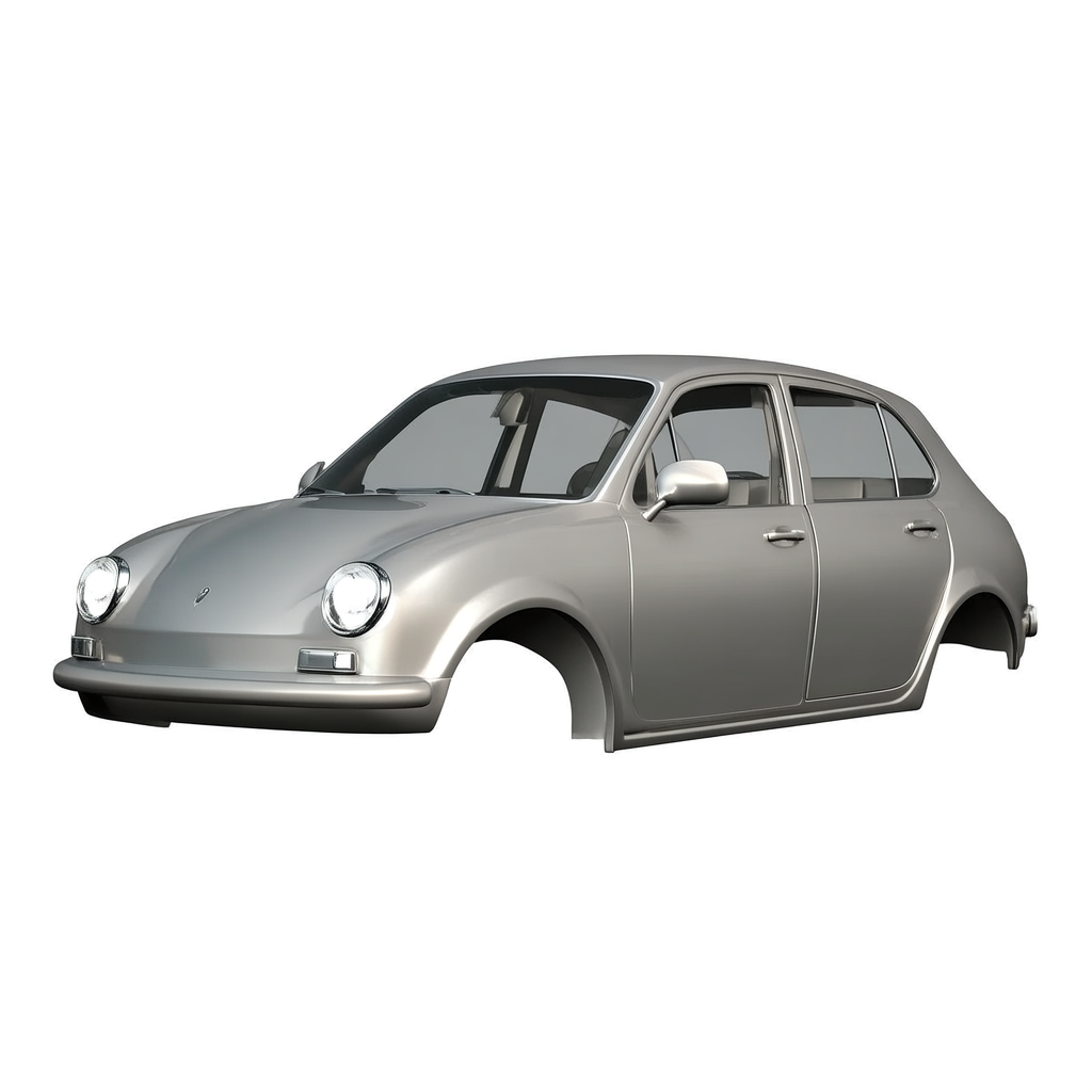 A car body with windows, doors, and headlights but no wheels