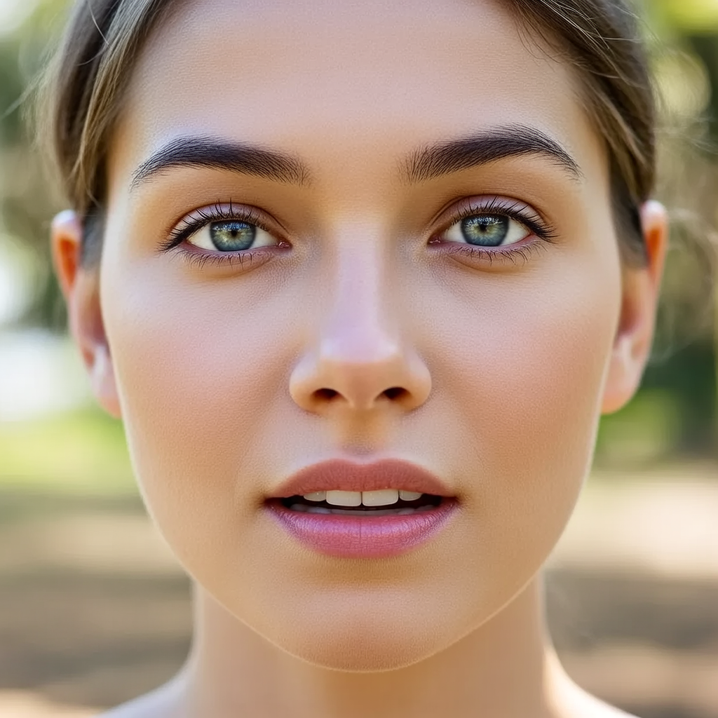 A human face with eyes, nose, and mouth but no eyebrows
