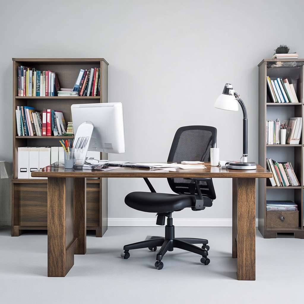 An office workspace with a desk, chair, bookshelf, and lamp 