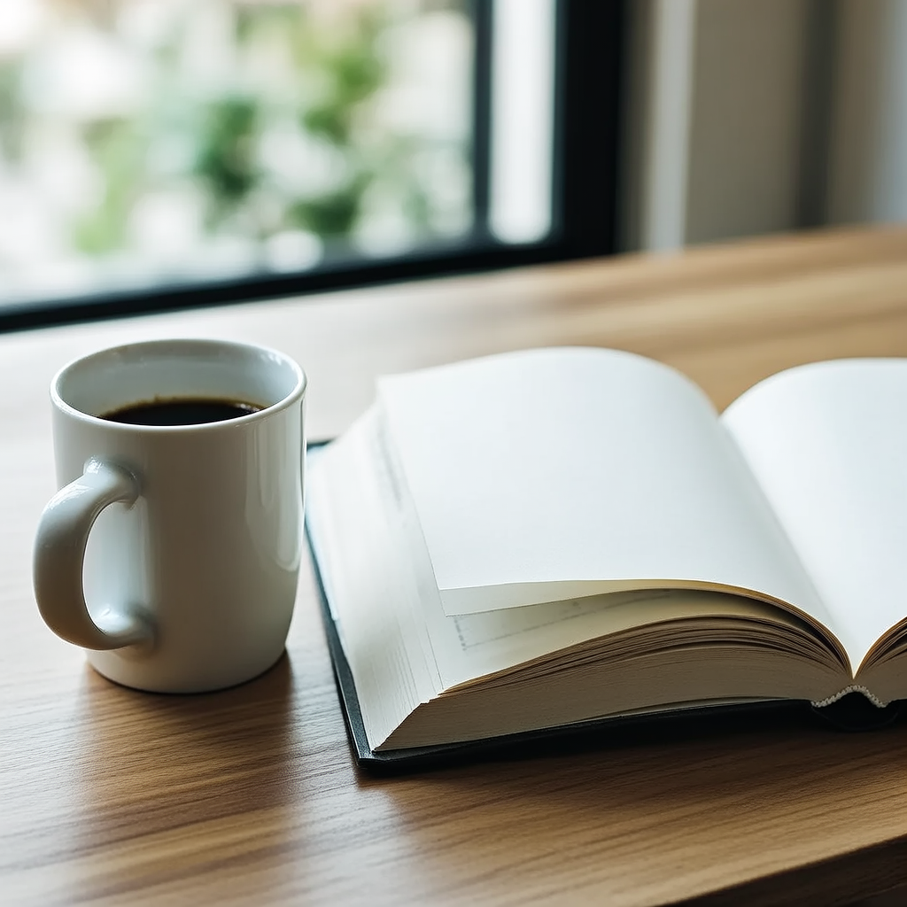 A coffee mug next to an open book on a desk