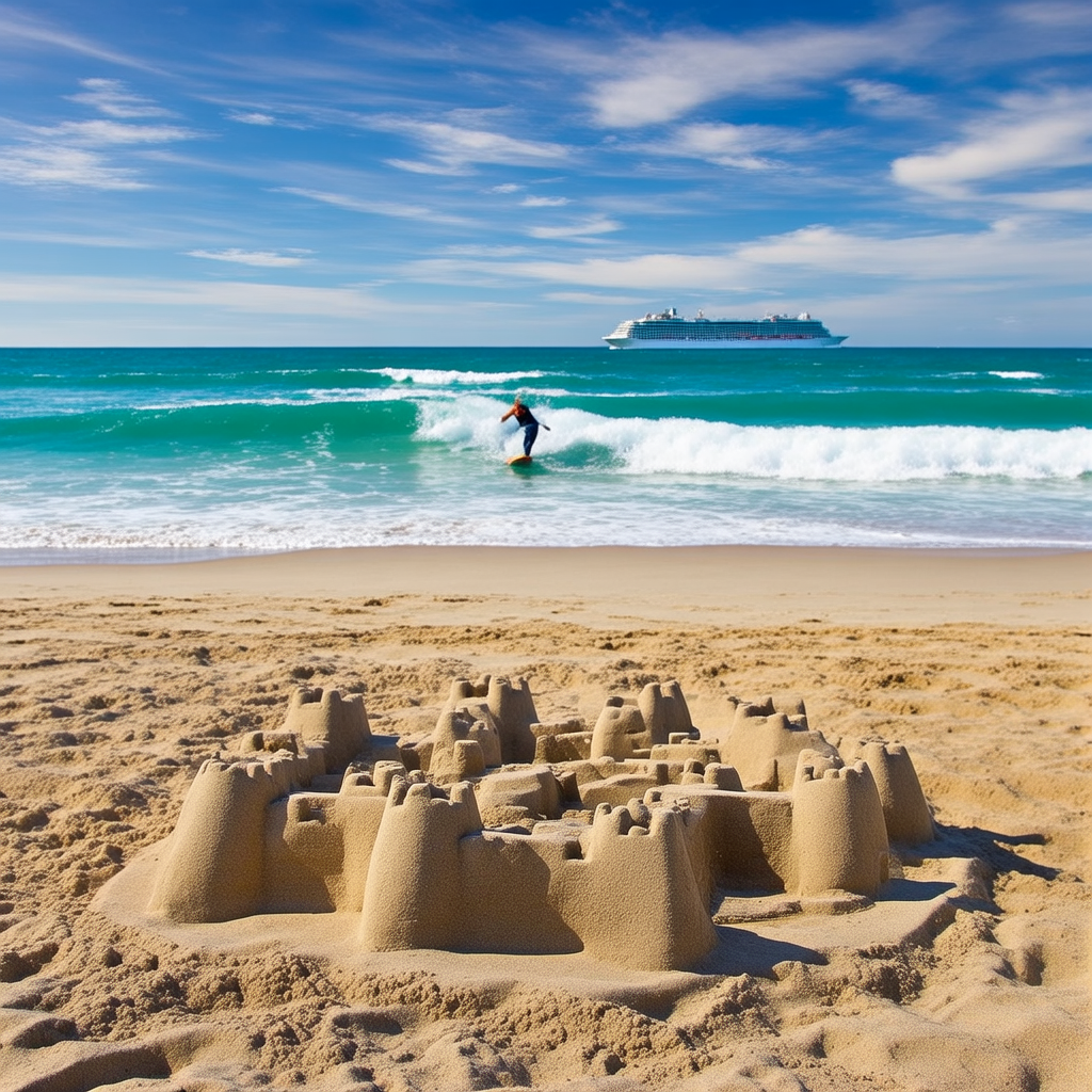 A beach scene with a sandcastle in the foreground, a surfer 