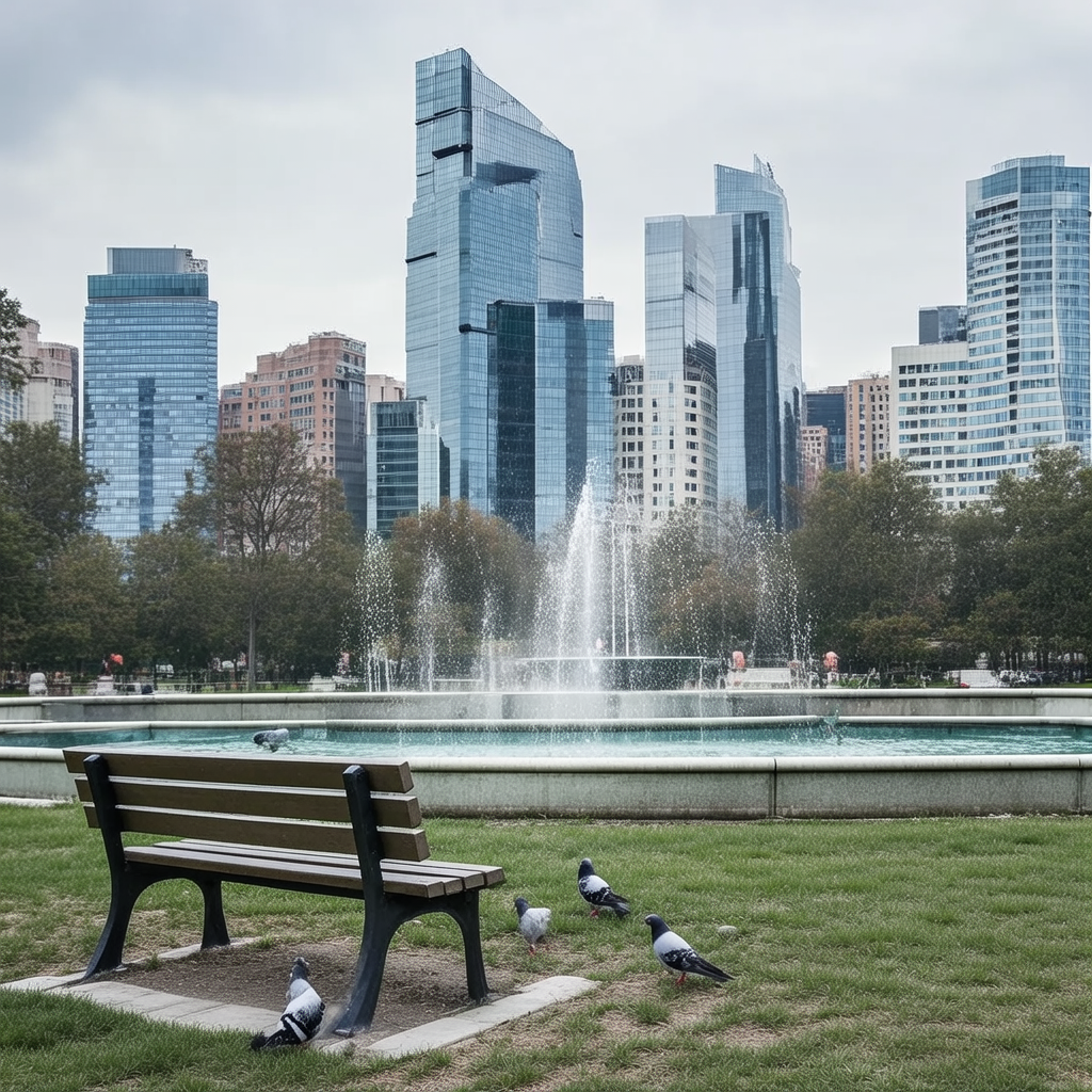 A city park with a park bench and pigeons in the foreground,